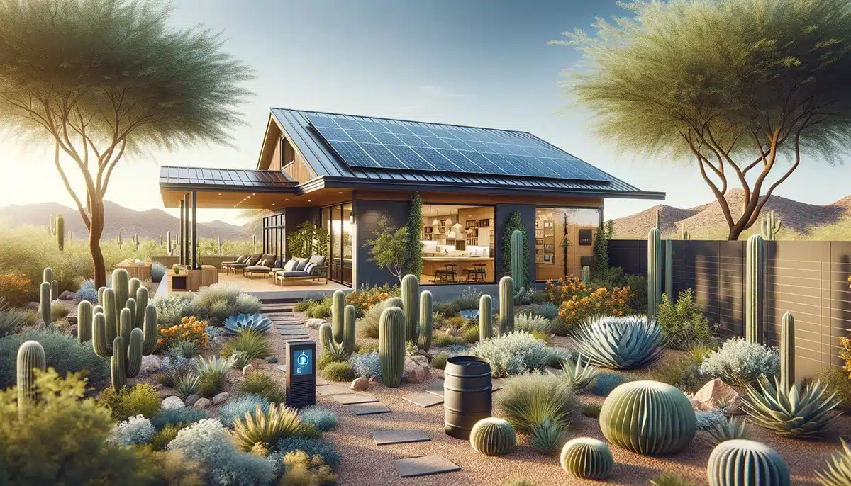 Modern Arizona home with solar panels, surrounded by native plants and a rain barrel, highlighting eco-friendly living.